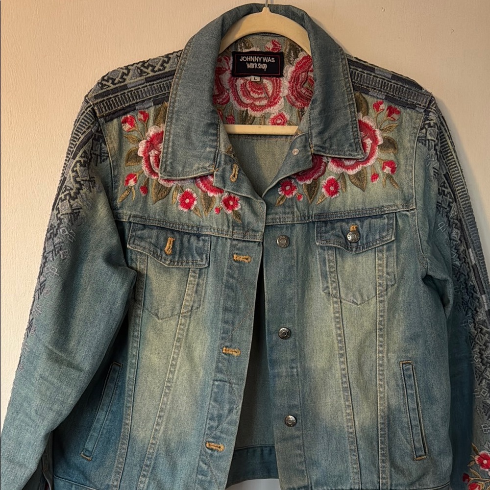 Johnny Was Blue Jean Jacket with Floral Embroidery